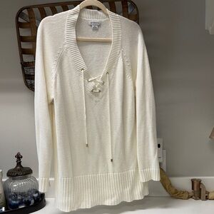 Liz Claiborne Cream V-Neck Sweater with Lace-Up Front